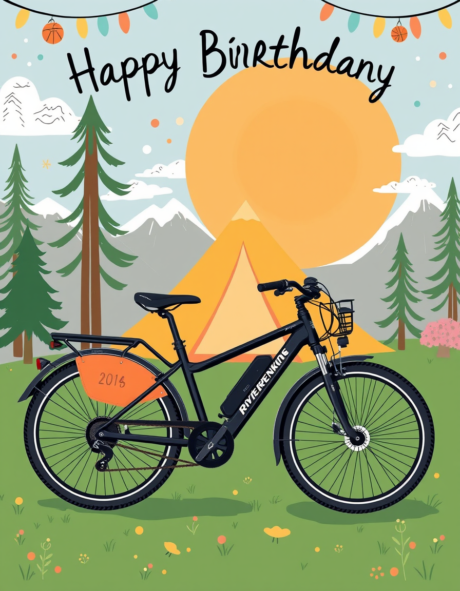 Birthday Cards idea: birthday card design, cheerful festive artwork, space for greeting, Das Geburtstagskind ist gerne zum wandern in den Bergen mit einem Zelt, spielt Fuß
