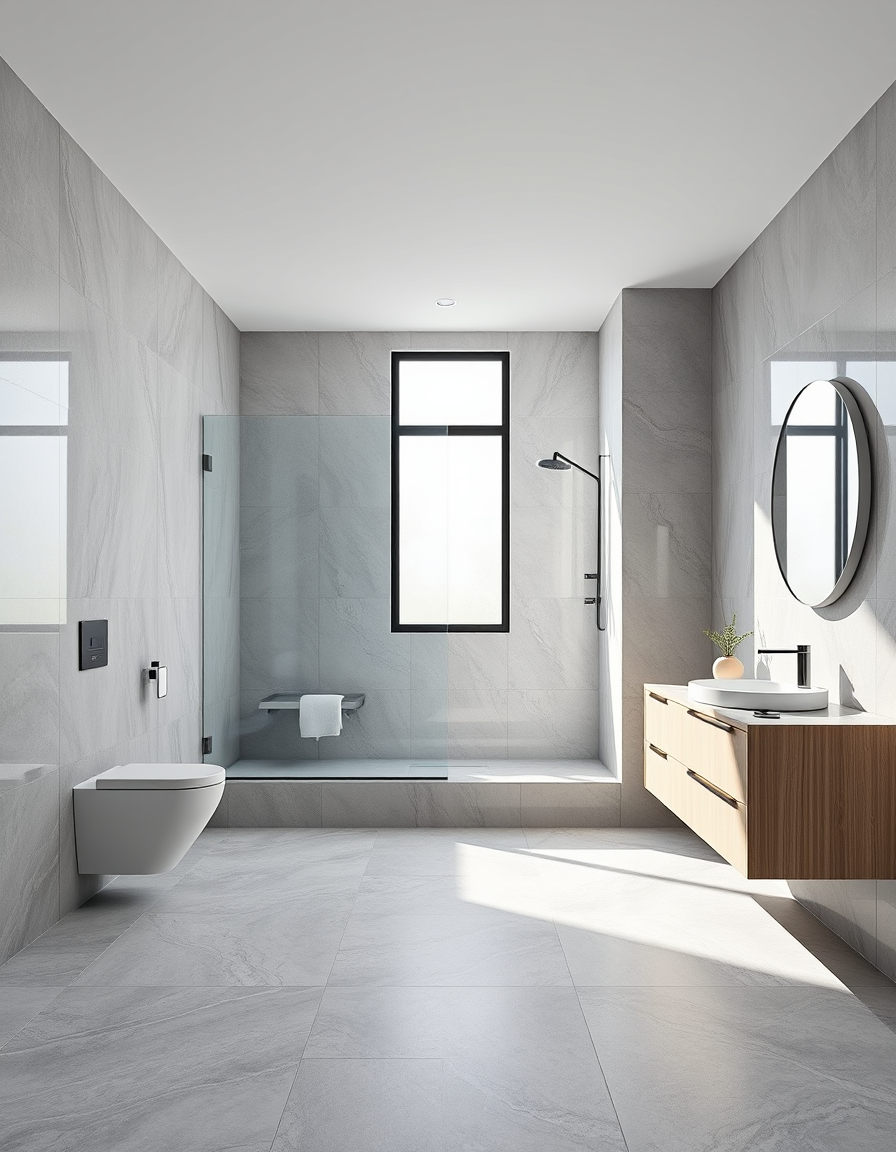 Bathroom Design idea: AI bathroom design, tiled surfaces vanity and fixtures, photorealistic interior render, Photorealistic interior architectural render of a spacious 25 