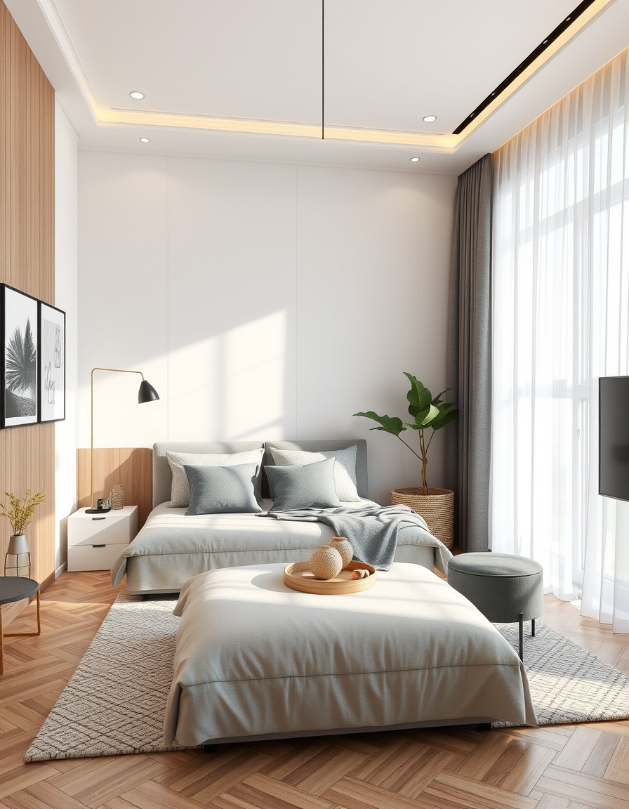 Interior Design idea: AI interior design, cohesive furniture layout decor and lighting, photorealistic interior render, wohnzimmer mit schlafen bitte mache mir ein Motiv ra