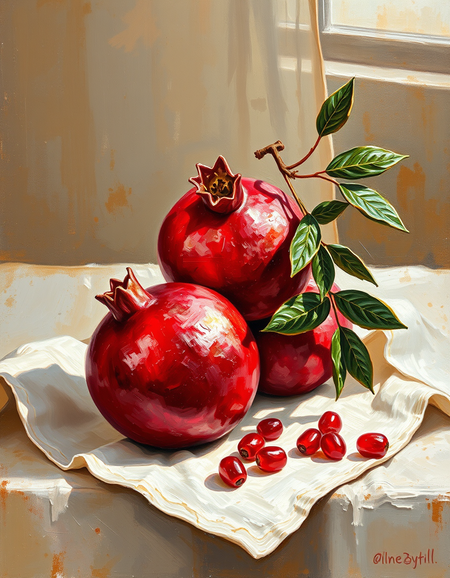 Oil Paintings idea: oil painting style, rich textures, brushstrokes, impasto technique, a still life of pomegranates on a linen cloth, soft window light , classical oil p