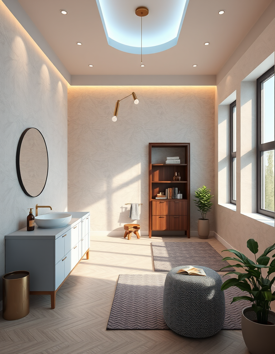 Room Design idea: AI room design, full room layout furniture and lighting, photorealistic interior render, Salle de bain , room design visualization
