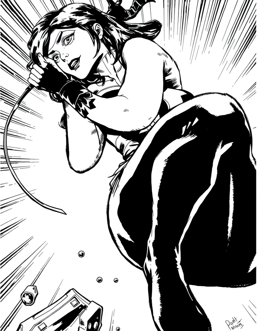 Comic Art idea: comic art, bold ink lines, halftone shading, dynamic composition, Black widow spraining her ankle , graphic novel illustration, comic panel ready