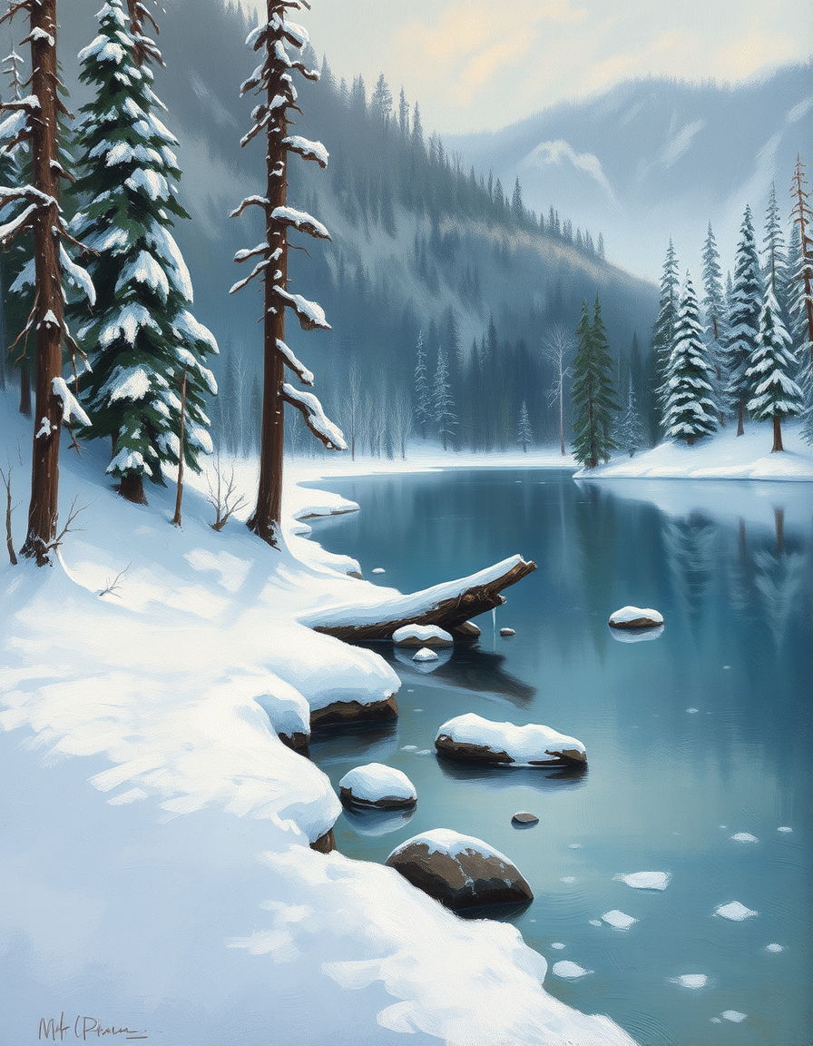 Turn Photo Into Painting idea created from the prompt: a source photo redrawn with visible physical brushwork, deliberate composition, Grassi lakes realistic winter oil painting , polished painti