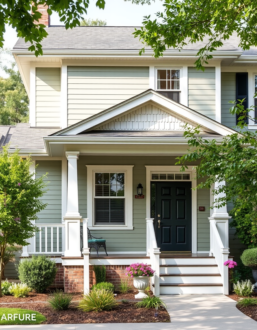 Exterior Paint idea: home exterior paint visualization, preserve architecture and landscaping, recolor siding trim and front door, A white craftsman house with sage green