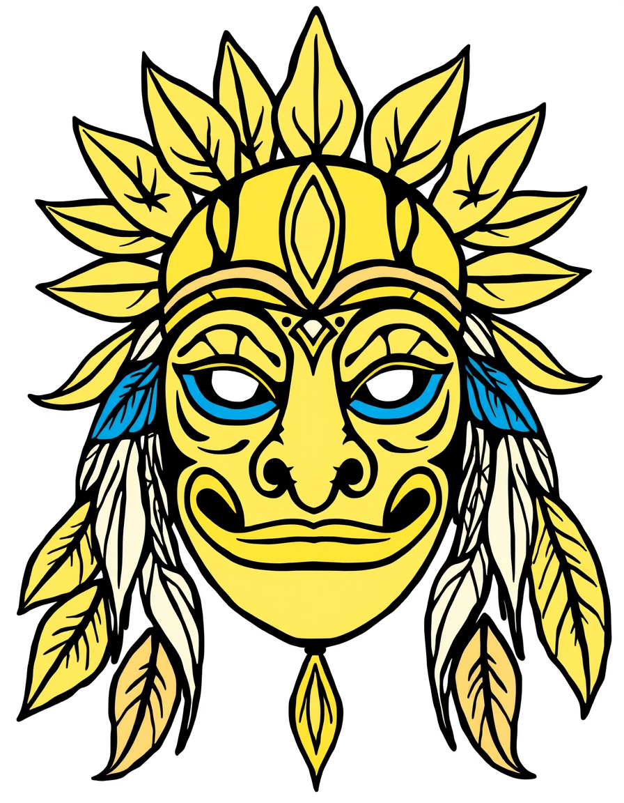 Photo To Outline idea: photo to outline drawing, clean contour lines, minimal shading, preserve subject silhouette, An ayahuasca trip, of a small indigenous mask with off se