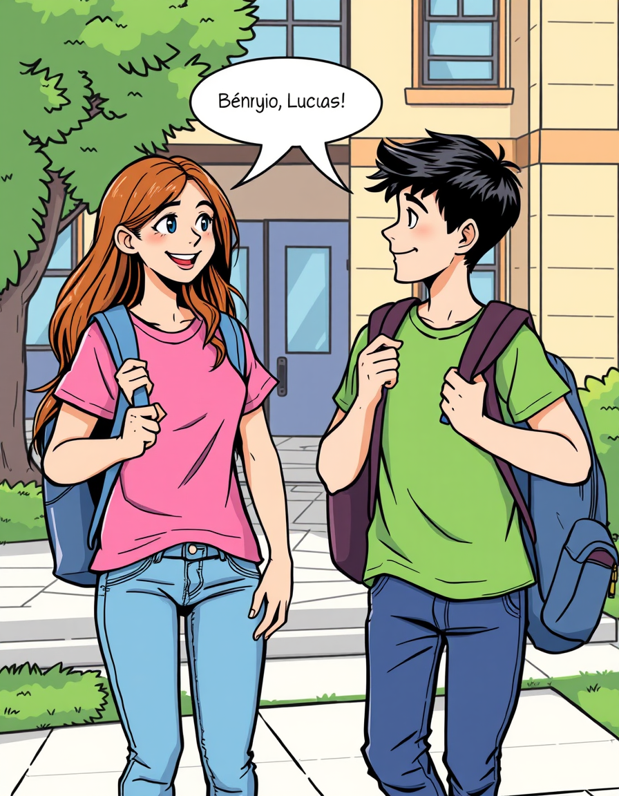 Comic Art idea: comic art, bold ink lines, halftone shading, dynamic composition, Colorful school comic illustration. Emma and Lucas, two 13-year-old students, arrive