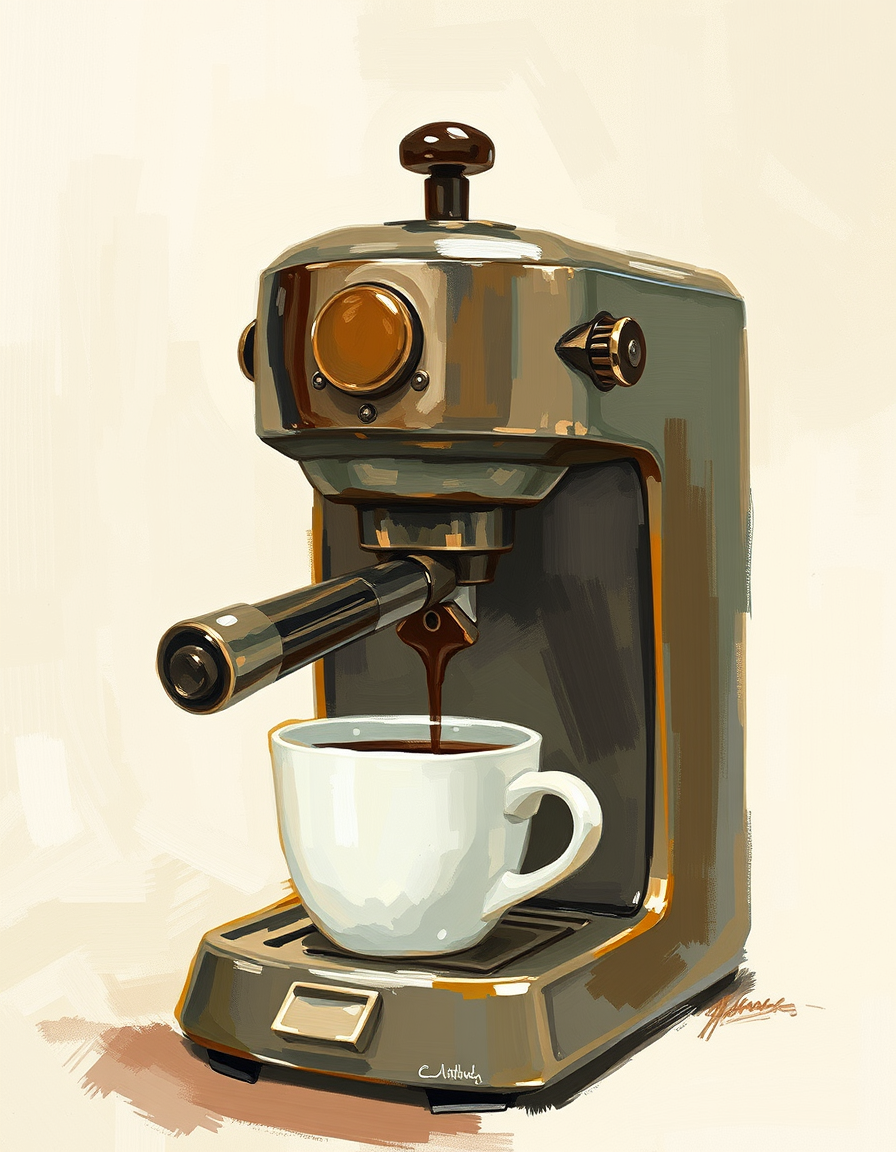 Main painting studio: impressionist coffee machin, loose visible brushstrokes.