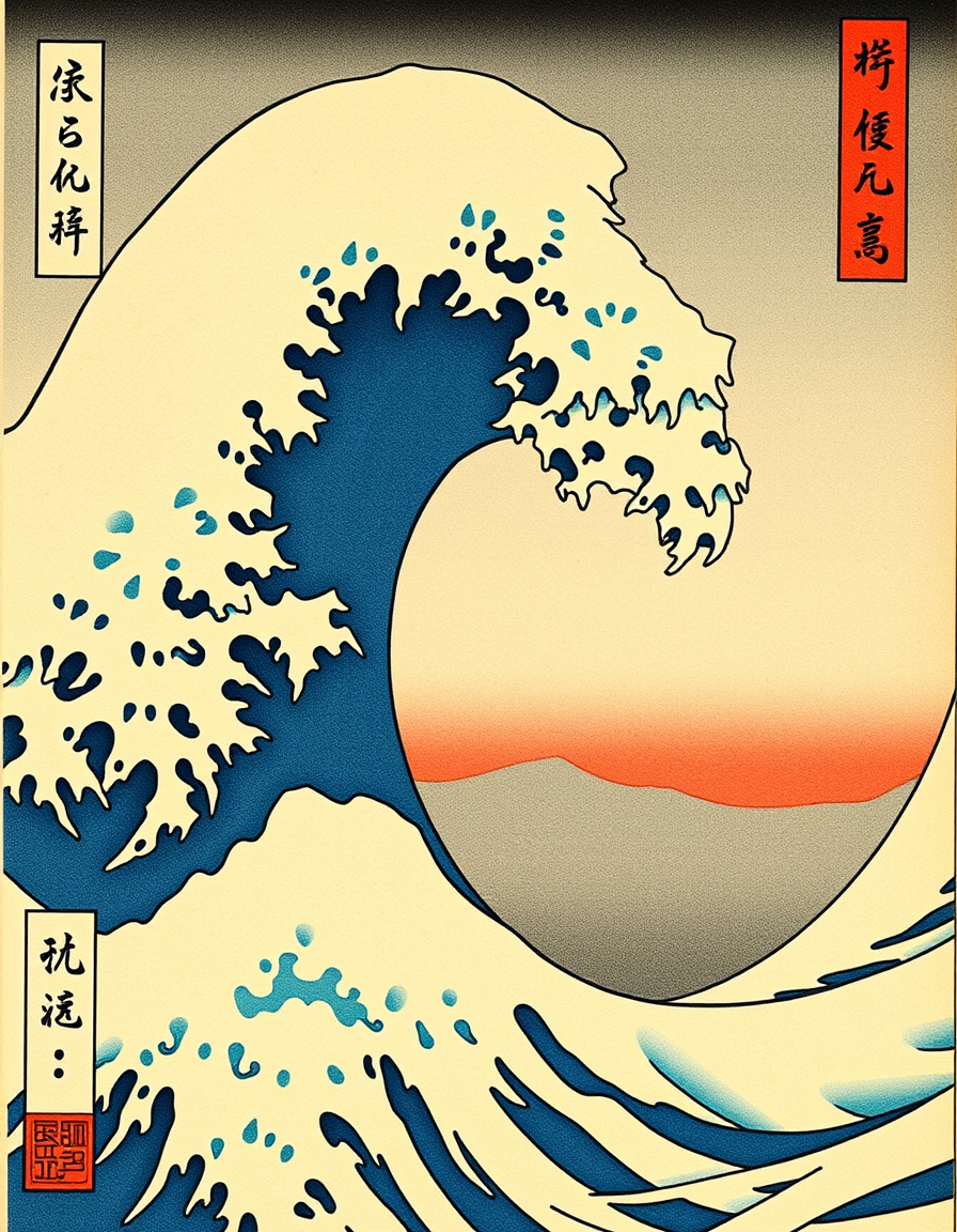 Ukiyo E idea: ukiyo-e woodblock print, flat color planes, bold black outline, traditional Japanese print, 卡通花園，水平線草地，只有黃色大花和草地的油畫，大花都是五花瓣，圓形花瓣。沒有遠花，沒有人和動物，天空部份較多，沒有