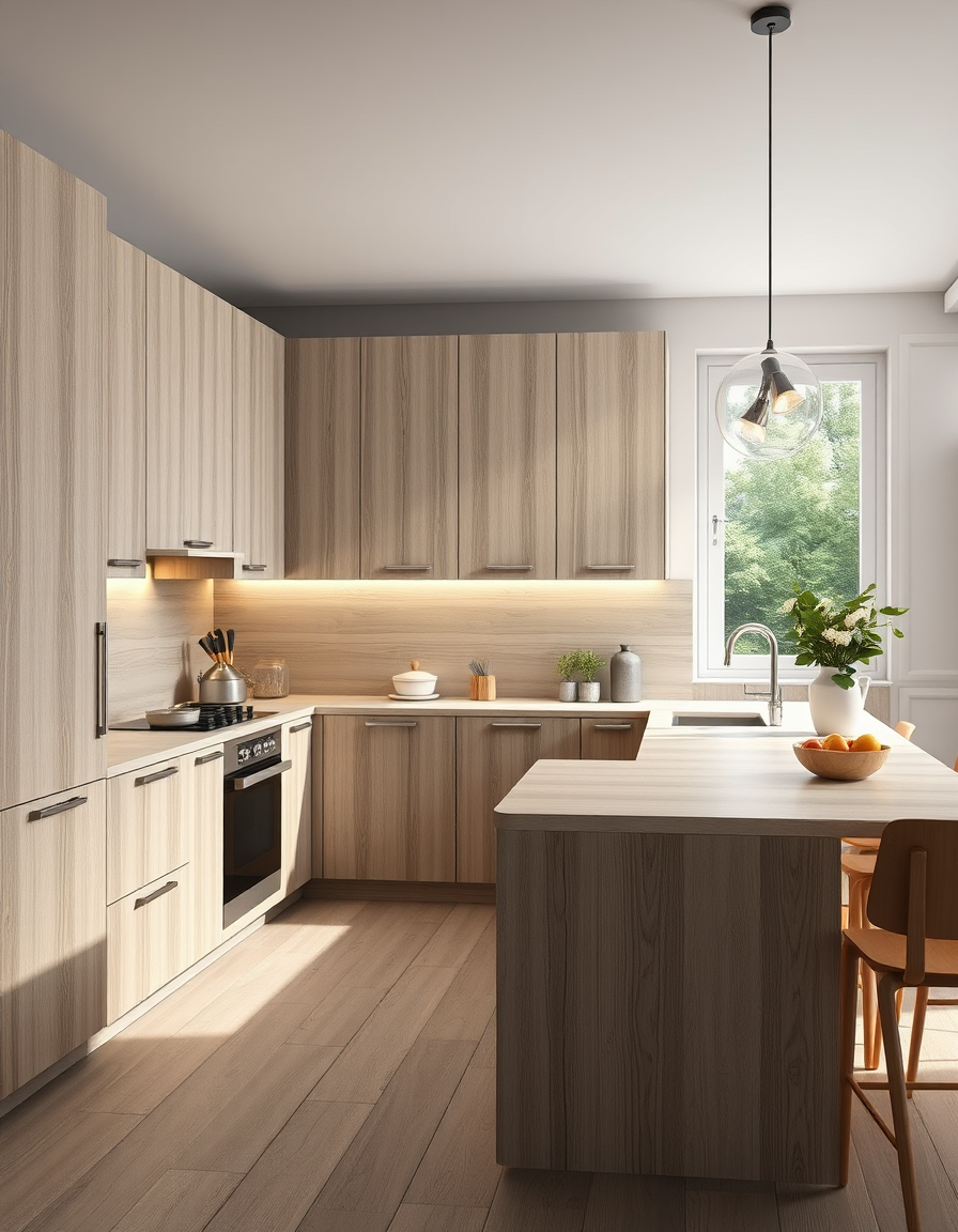 Kitchen Design idea: AI kitchen design, modern cabinetry countertops and lighting, photorealistic interior render, Kuhinja kutna L oblika 200x140 cm. Indukcijska ploča i p