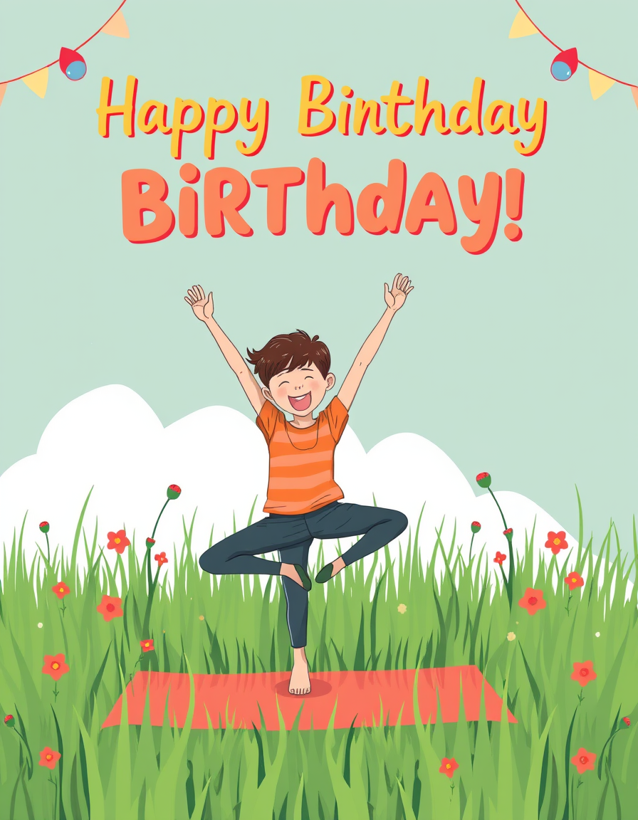 Birthday Cards idea: birthday card design, cheerful festive artwork, space for greeting, sportliches mädchen im grünen gras und macht yoga , printable birthday card