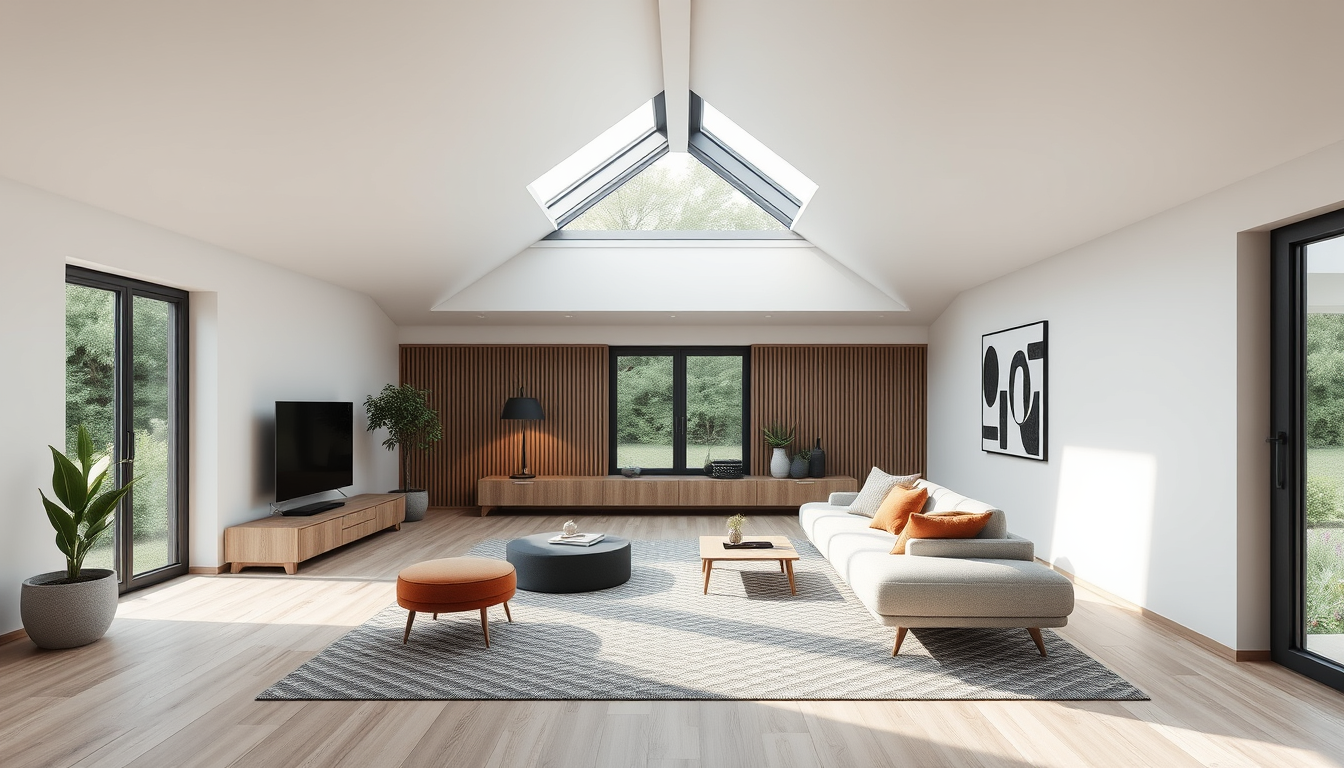Room Design idea: AI room design, full room layout furniture and lighting, photorealistic interior render, dachgeschoss mit dachschrägen ein kleines dreiecksfenster 10
