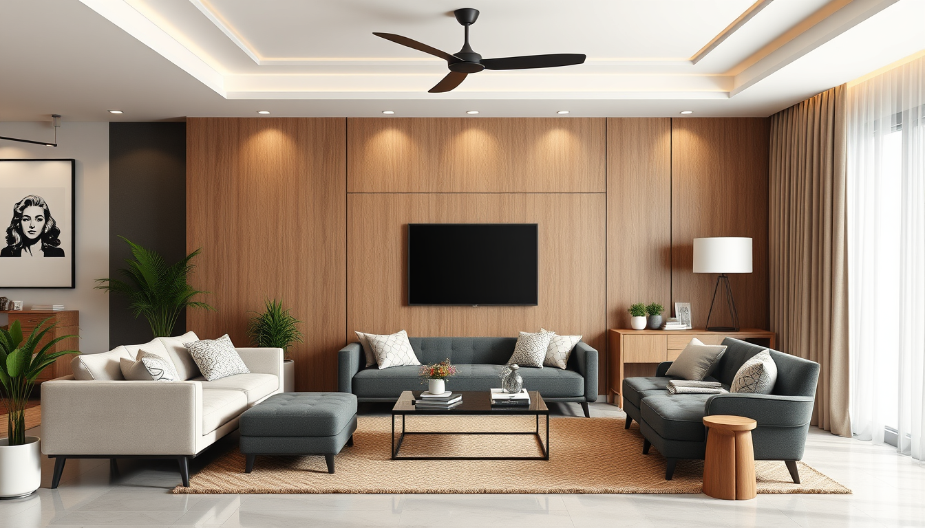 Interior Design idea: AI interior design, cohesive furniture layout decor and lighting, photorealistic interior render, I want the wall panel the top panel and the midle bo