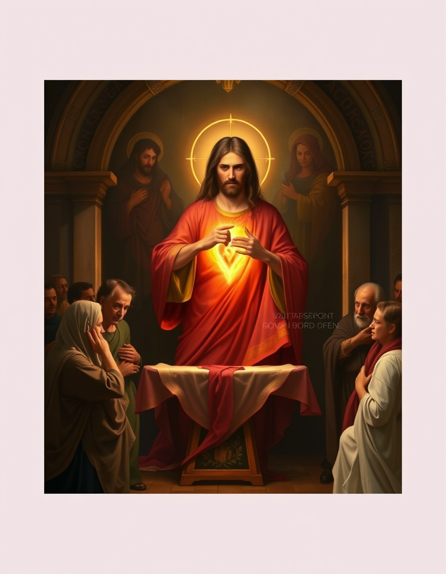 Book Covers idea: cover-ready concept art organized around genre, focal point, and title-safe space, deliberate composition, the sacred heart of jesus aflame in a mostr