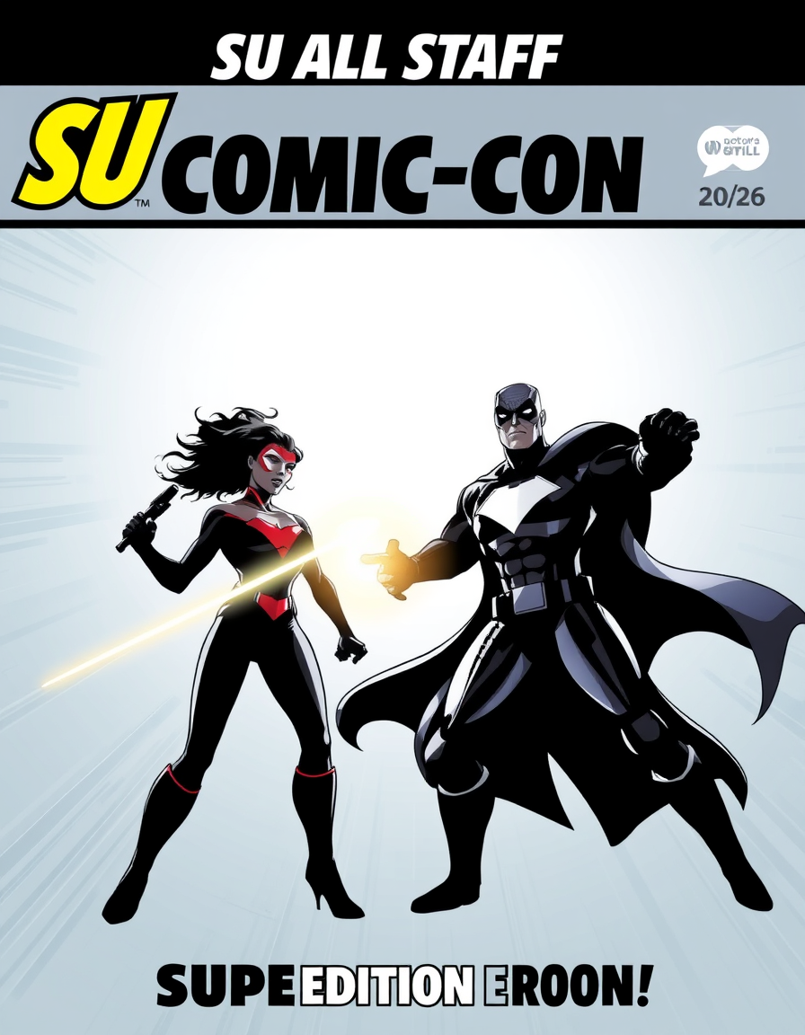 Book Covers idea: book cover composition, vertical 2:3 format, title-ready negative space at top, evocative subject, Comic book cover for SU ALL STAFF COMIC-CON 2026 SU