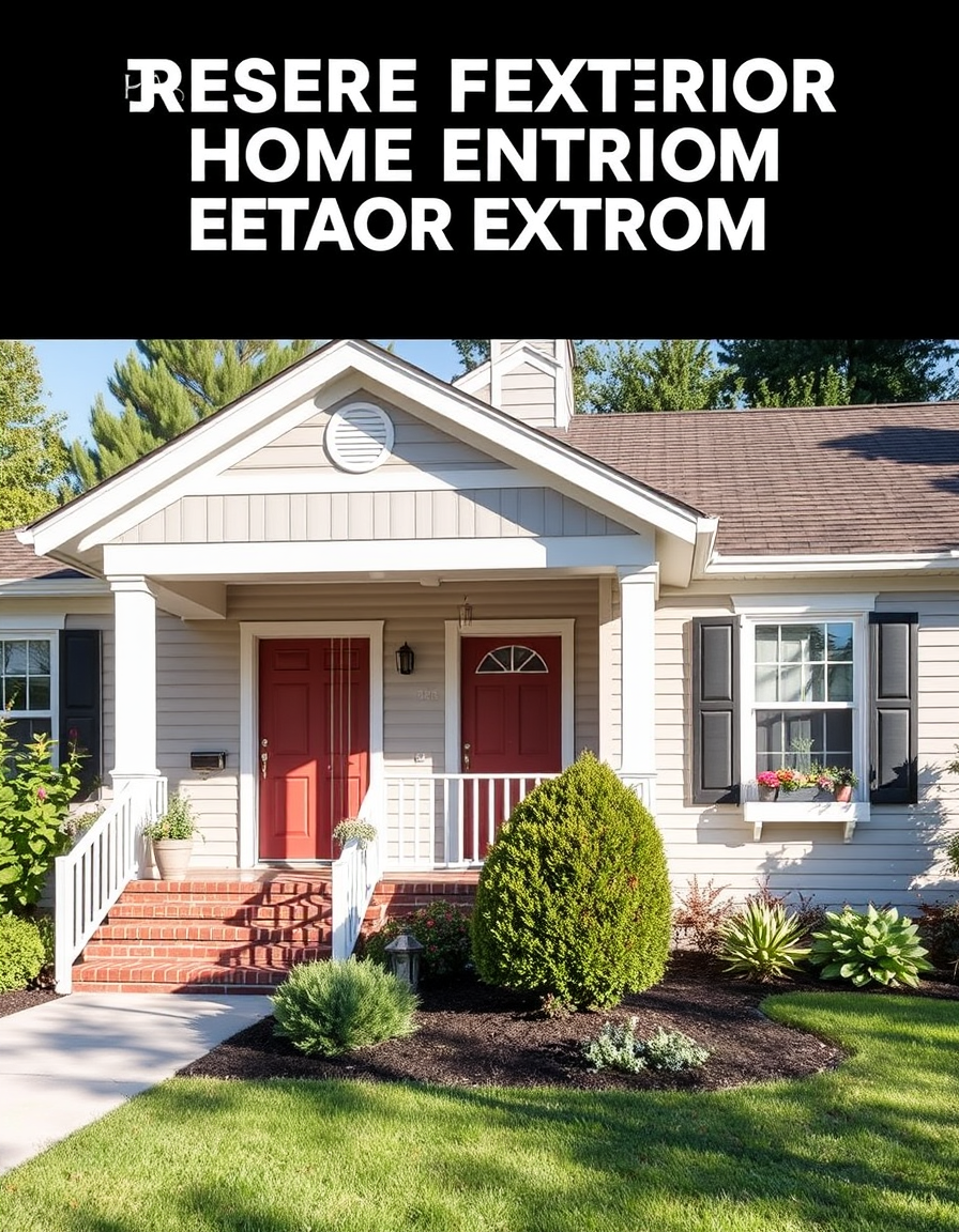 Exterior Paint idea: home exterior paint visualization, preserve architecture and landscaping, recolor siding trim and front door, one story ranch house , realistic exteri