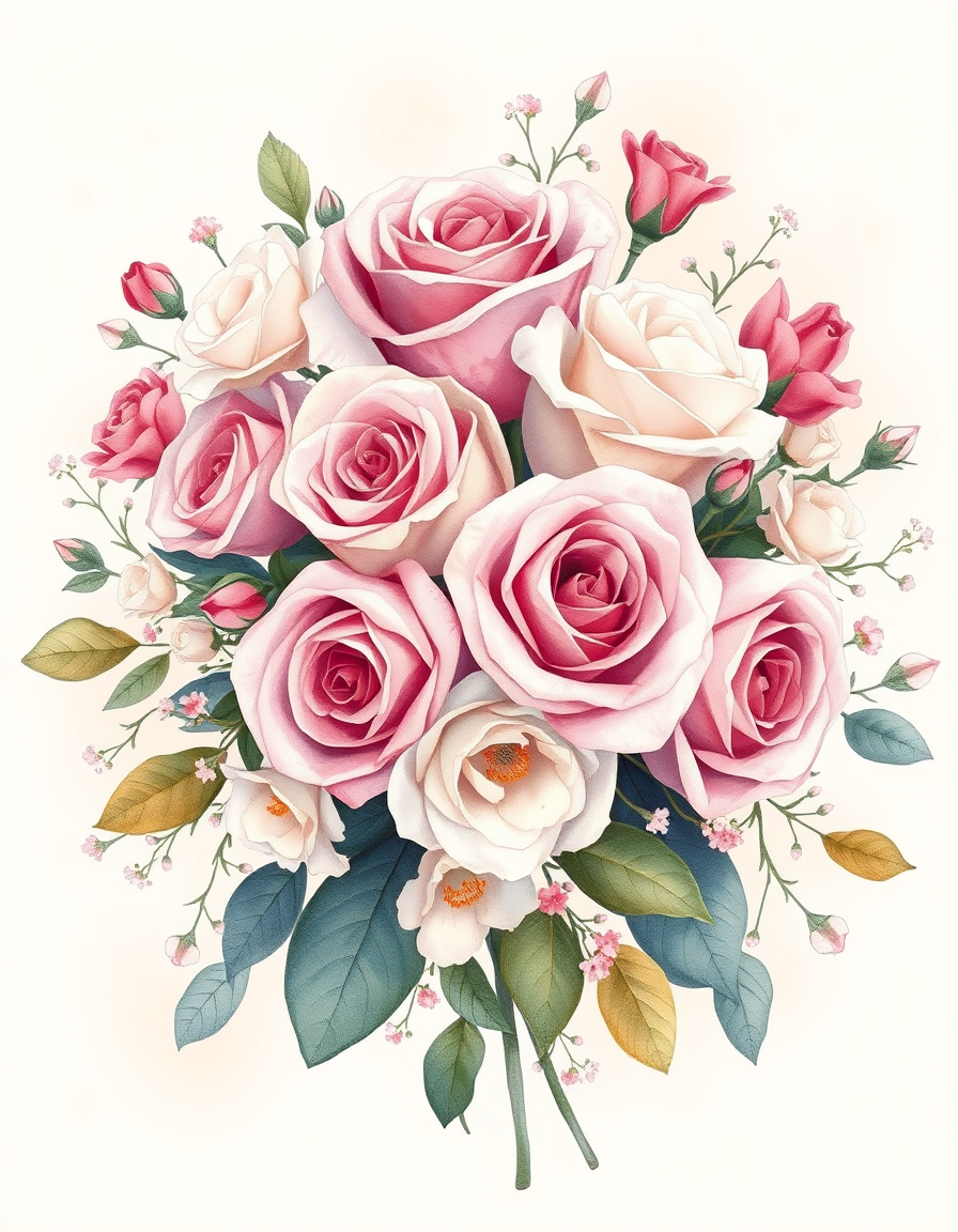 Greeting Cards idea: greeting card design, warm illustration, space for message, avec un grand bouquet de roses roses, de fleurs blanches et de petites fleurs mauves, styl