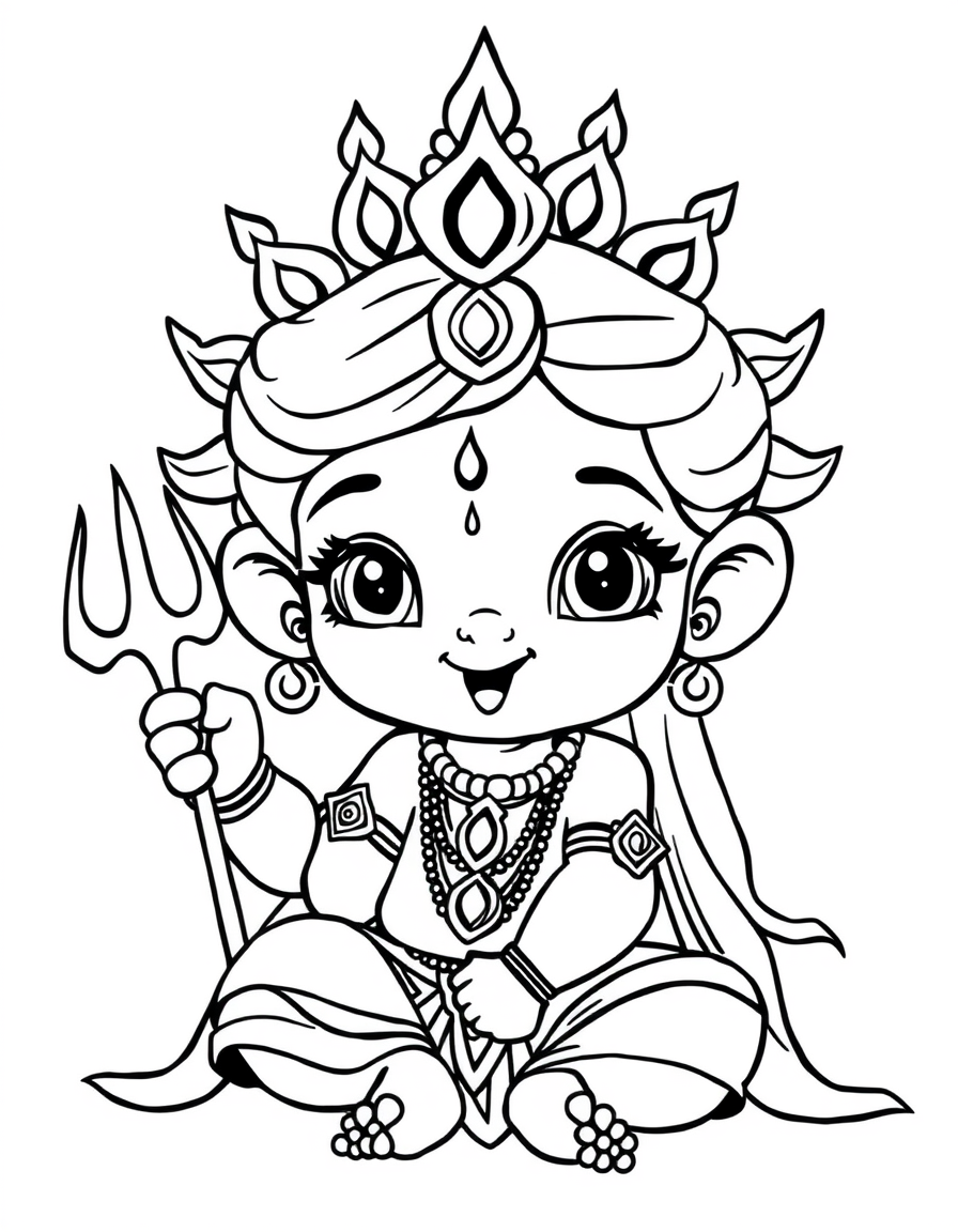 Main painting studio: Friendly and cute cartoon baby Maa Kali, kids coloring book page, bold black and white line art, pure white background, thick black outlines, no shadi