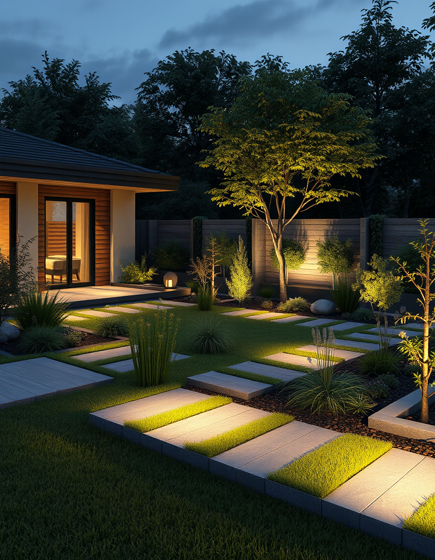 Landscape Design idea: AI landscape design, yard layout plants hardscape and lighting, photorealistic render, gartenteich mit sechs meter länge und zwei meter fünzig zentime