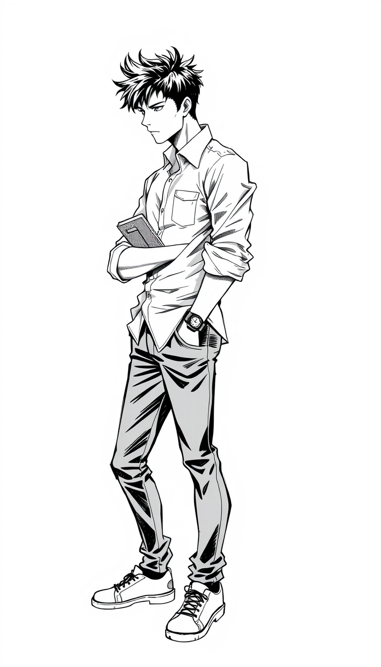Comic Art idea: comic art, bold ink lines, halftone shading, dynamic composition, description: Hair: Messy, medium-short black hair Face: Sharp-ish jaw, Build: Slim a