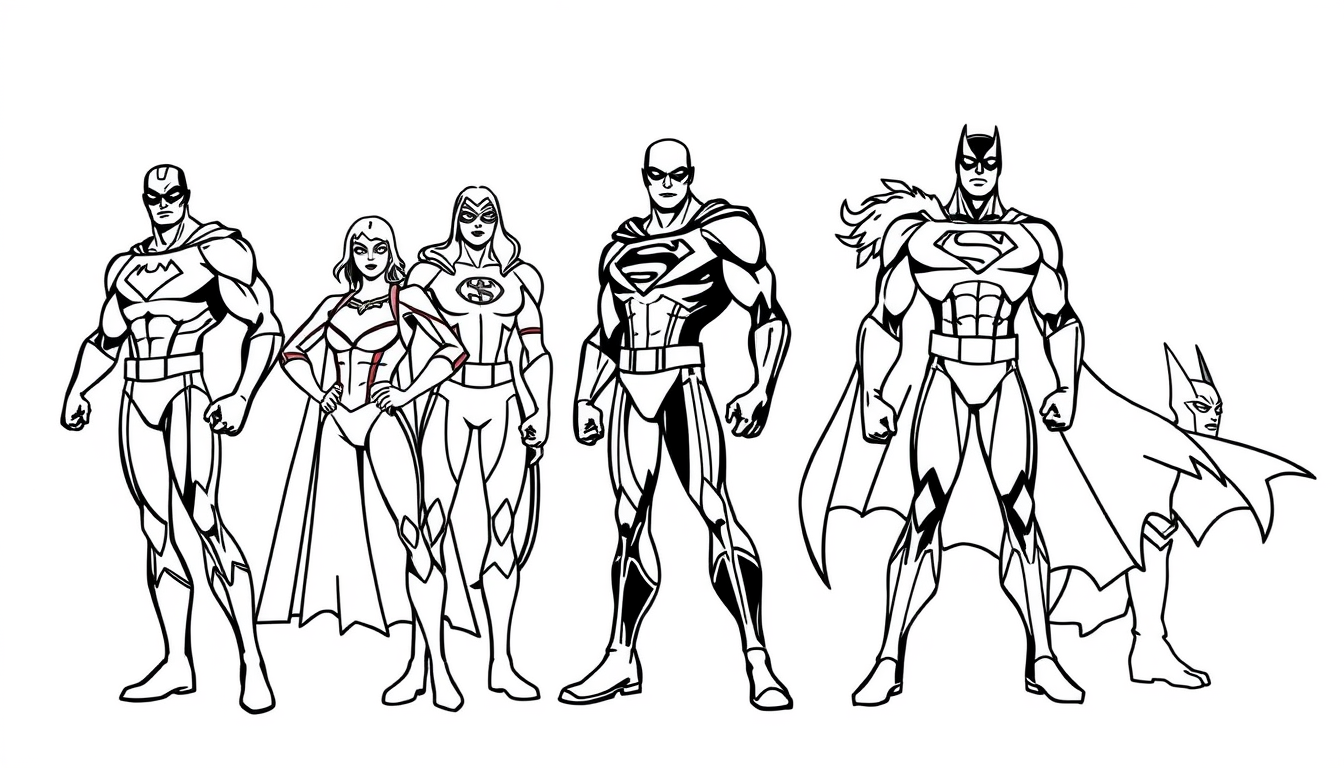 Photo To Outline idea: photo to outline drawing, clean contour lines, minimal shading, preserve subject silhouette, Uma foto dos super herois convertida em contorno preto li