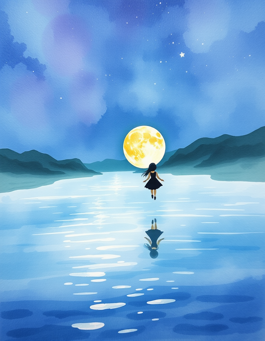 Picture Into Watercolor idea: turn picture into watercolor, transparent washes, paper texture, soft pigment edges, Beautiful sky night and river water. On water is moon and a girl