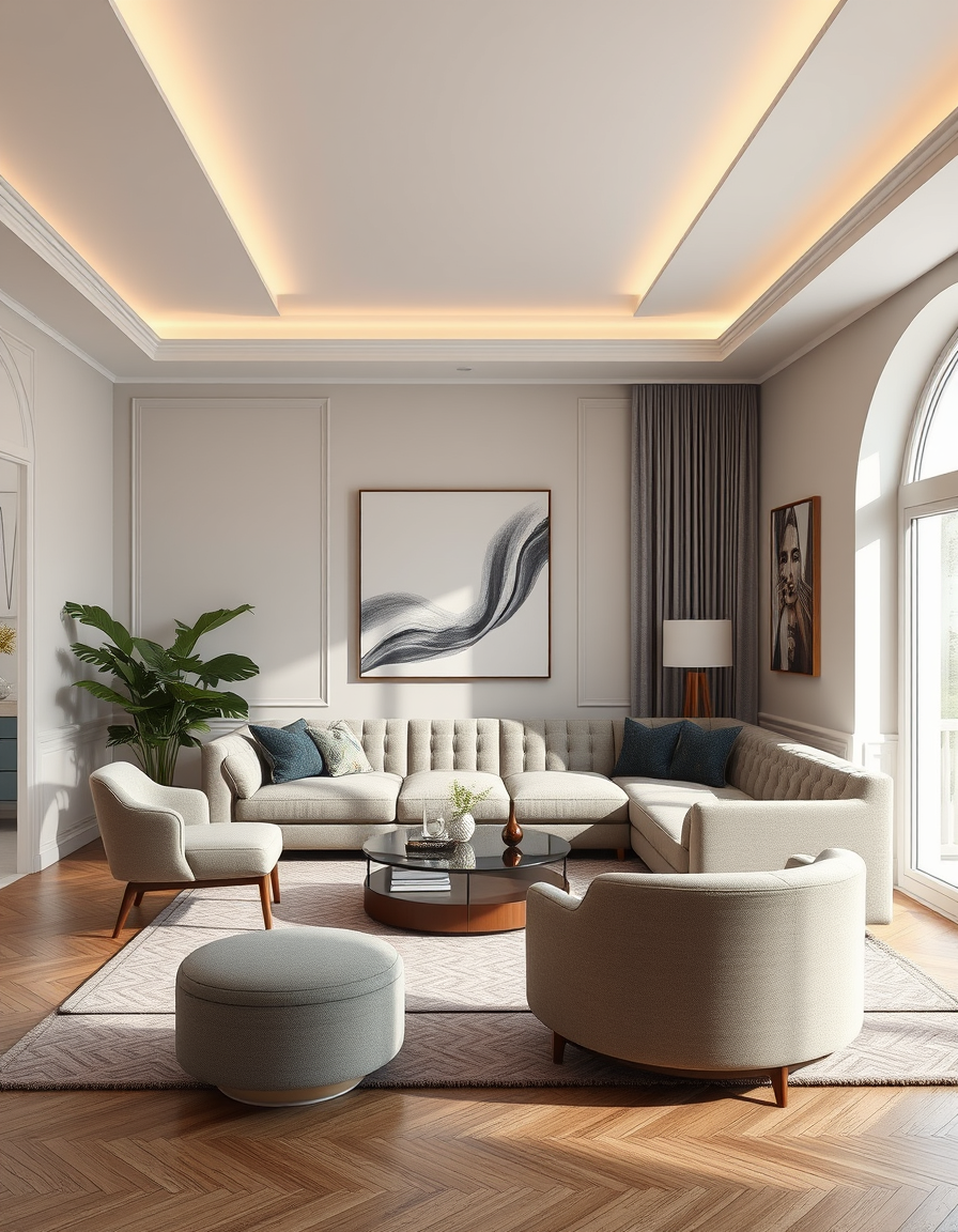 Room Design idea: AI room design, full room layout furniture and lighting, photorealistic interior render, Roche bobois bubbule canape dans une salon de style art deco 