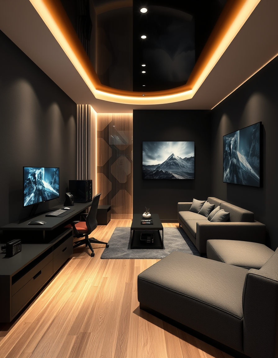 Room Design idea: AI room design, full room layout furniture and lighting, photorealistic interior render, Je veut une salle gaming contenant : un bureau avec un pc gam