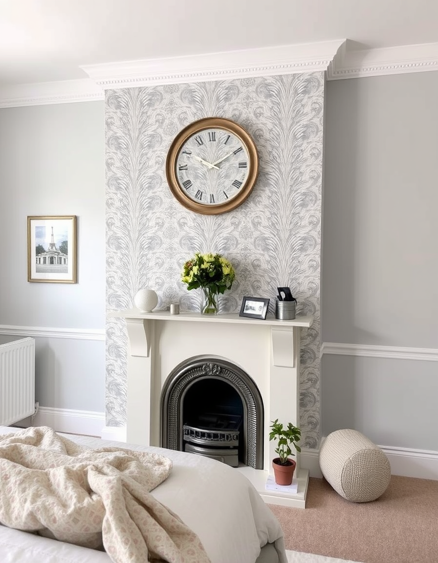 Main painting studio: paint bedroom. large walls paint st. swithin fleetwood matt paint. wallpaper chimney breast. paint adjacent walls of chimney 70YY 09/175 dulux vinyl m