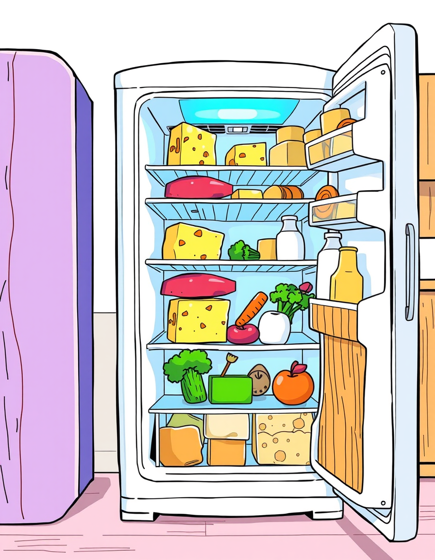 Comic Art idea: comic art, bold ink lines, halftone shading, dynamic composition, Wide cartoon, Pixar style, banner for a puzzle game called "Fridge Tetris": an open