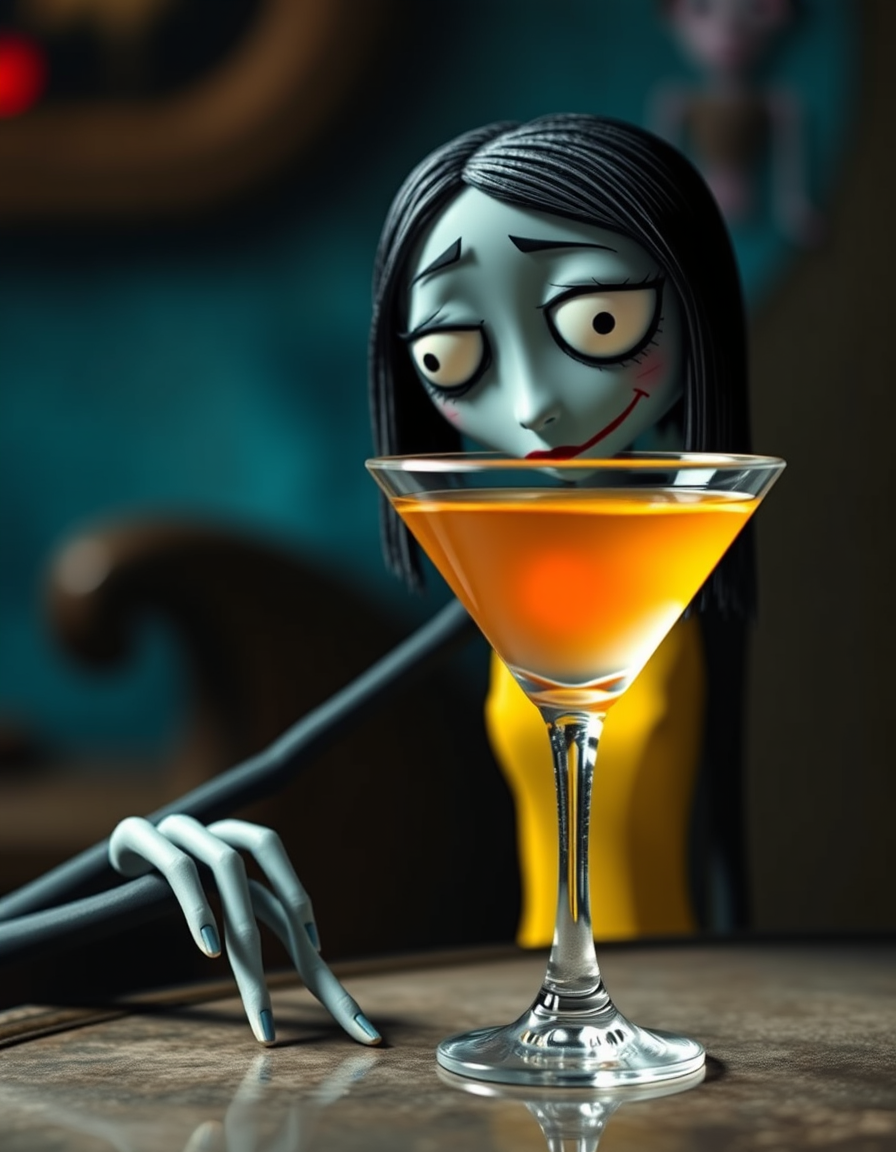 Main painting studio: Coraline drinking a martini glass, looks like Coraline movie