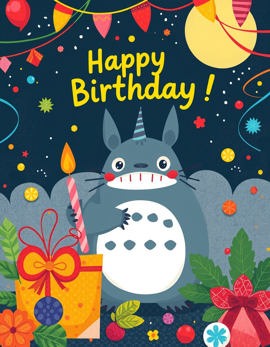 Birthday Cards idea: birthday card design, cheerful festive artwork, space for greeting, mi vecino totoro , printable birthday card