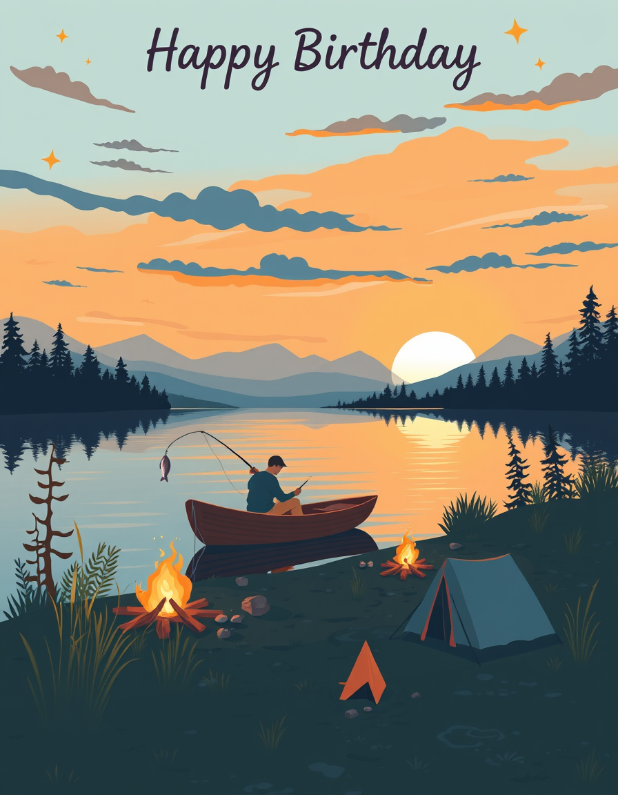 Birthday Cards idea: birthday card design, cheerful festive artwork, space for greeting, make a card that says "Happy Birthday" at the top in a sunset over a lake with a m