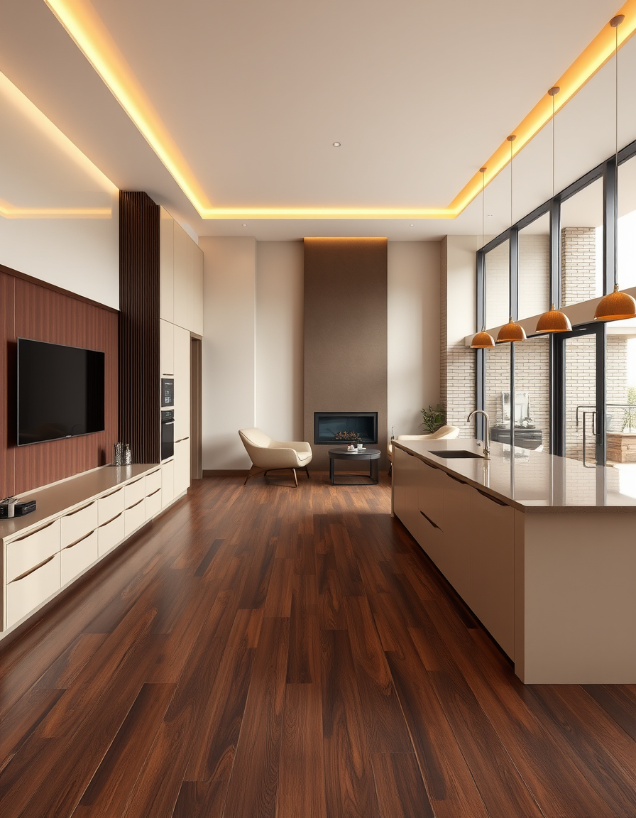 Room Design idea: AI room design, full room layout furniture and lighting, photorealistic interior render, Modern 6x6m kitchen, dark brown wood floor, beige walls, glos