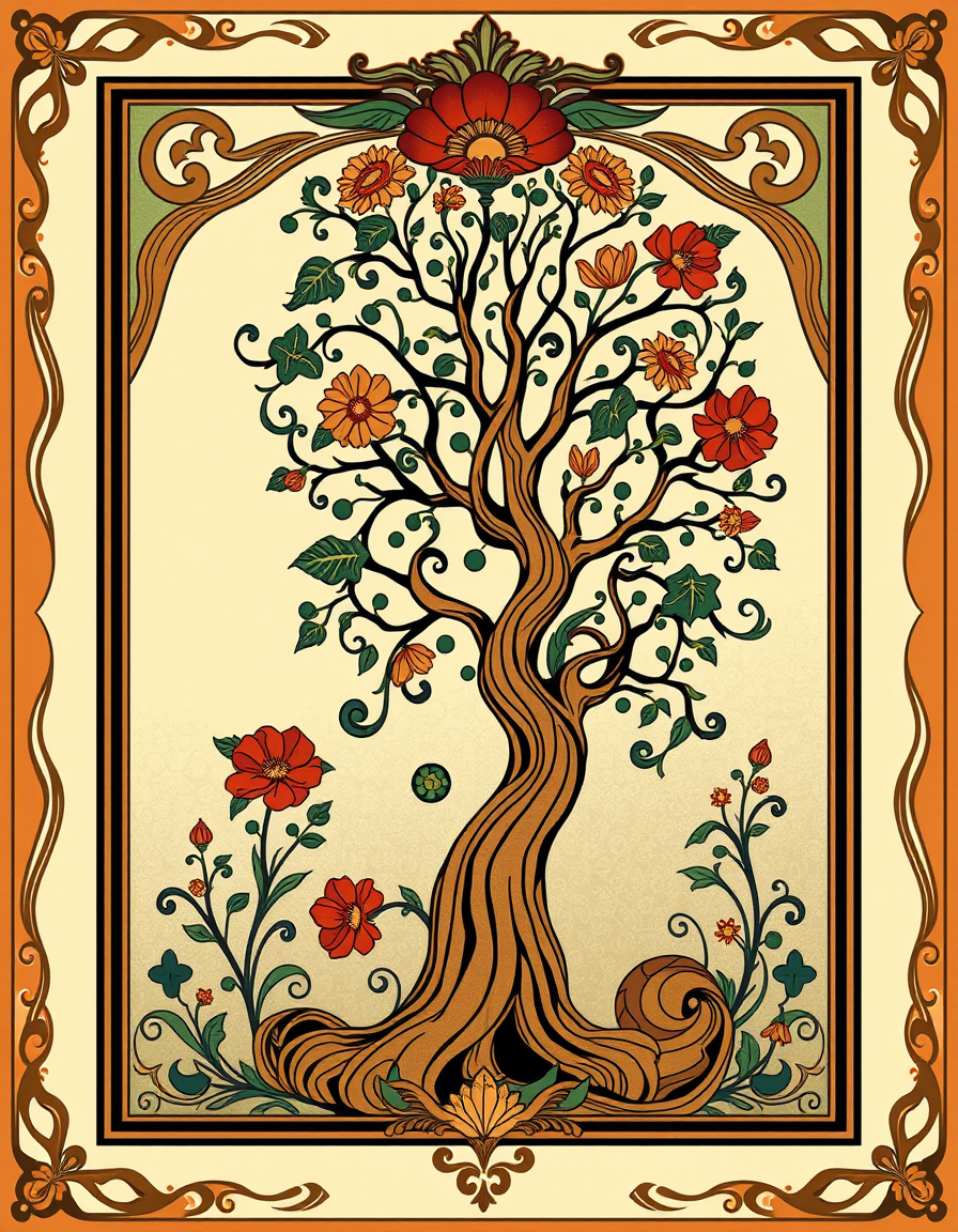 Art Nouveau idea: art nouveau illustration, flowing organic lines, decorative panel borders, ornamental floral motifs, abstract art of a tree , inspired by Alphonse Muc