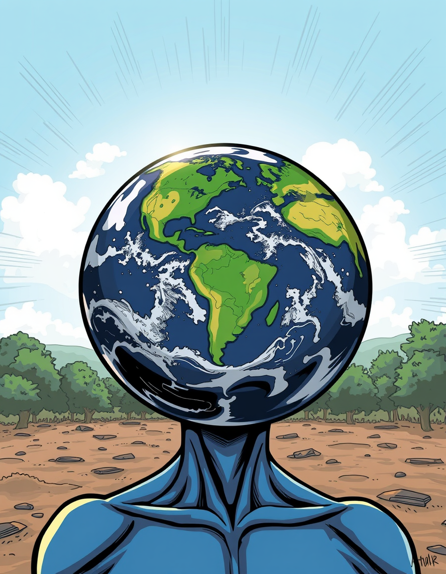 Main painting studio: Create a comic-style image inspired by the environment featuring a humanoid figure with a comic-book-style Earth for a head; the figure should be huma