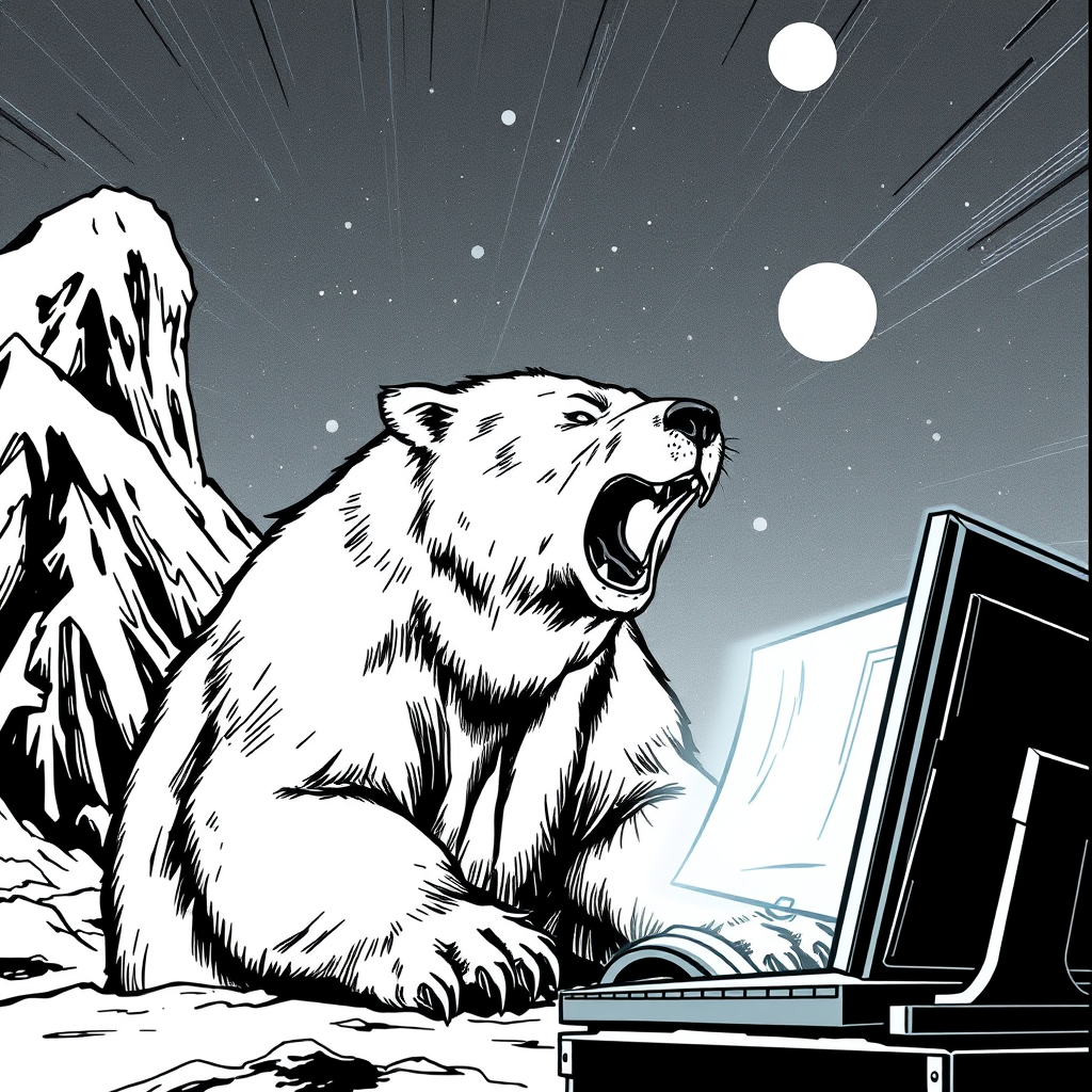 Comic Art idea: comic art, bold ink lines, halftone shading, dynamic composition, Erstelle ein profilbild im Comicstil von einem Eisbären am pc, der eine Festplatte i