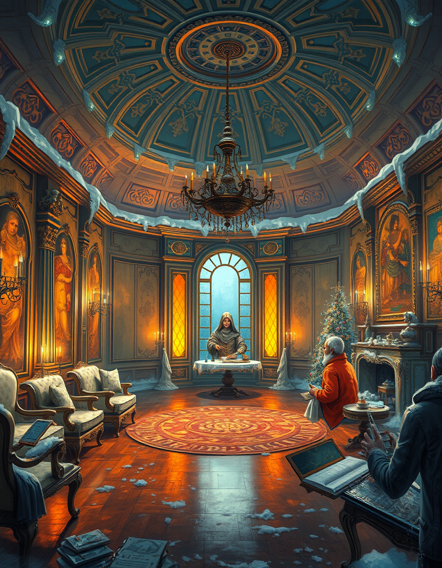 Book Covers idea: cover-ready concept art organized around genre, focal point, and title-safe space, deliberate composition, The Amber room in the winterpalace , polish