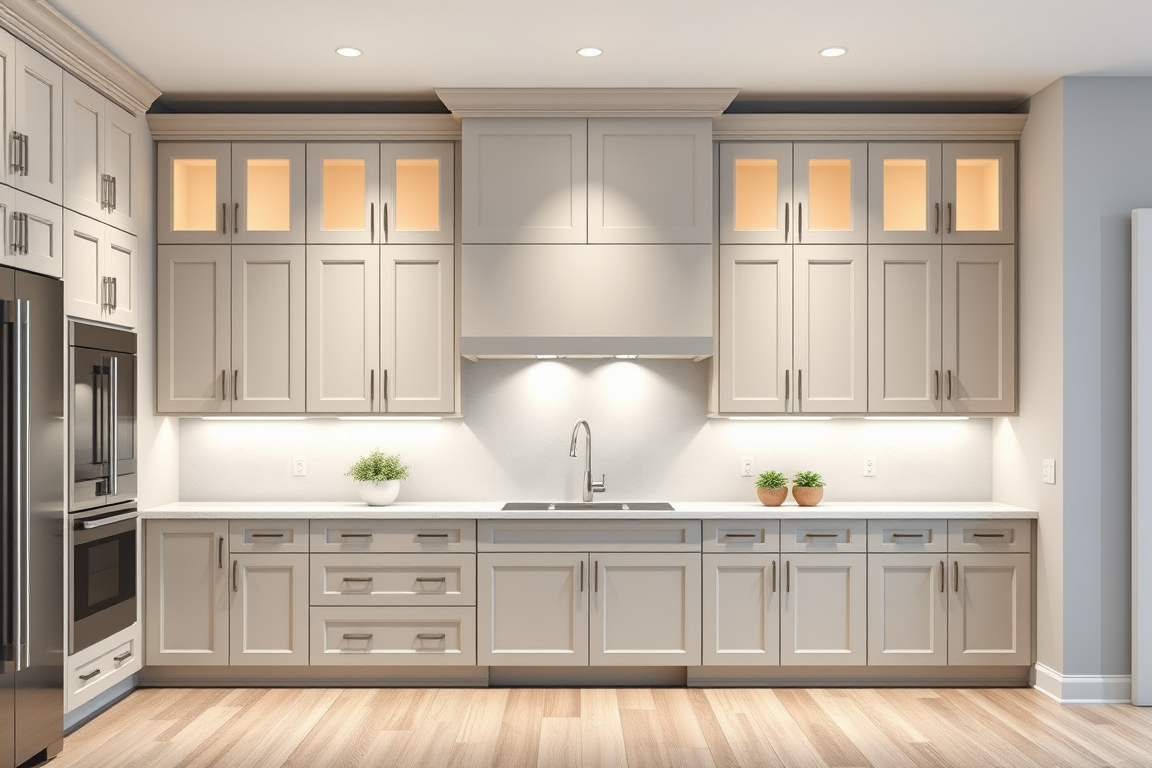 Kitchen Design idea: AI kitchen design, modern cabinetry countertops and lighting, photorealistic interior render, 9ft tall, 4ft wide, 15in, deep built in inset shaker sty