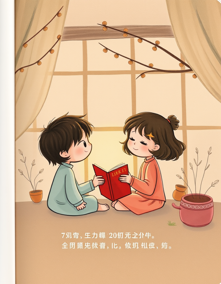Storybook Illustrations idea: storybook illustration, warm narrative scene, hand-drawn feel, soft palette, 絵本を読むイギリスの子供 , children's book illustration, page from a picture book