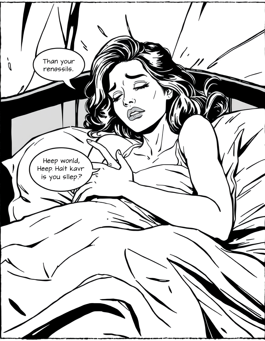 Comic Art idea: comic art, bold ink lines, halftone shading, dynamic composition, Create a comic based on a woman who tries to sleep in her bed but she remember one o
