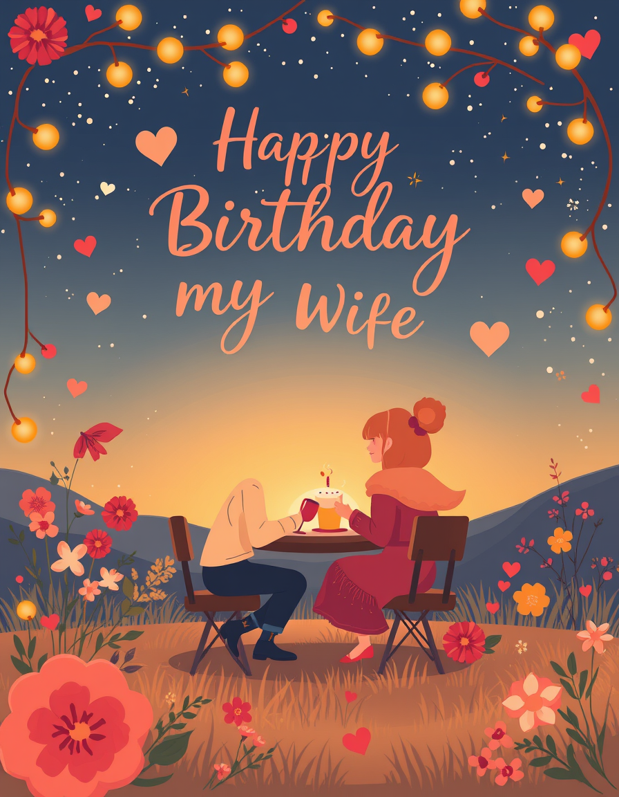 Greeting Cards idea: greeting card design, warm illustration, space for message, A birthday card for my wife , printable greeting card