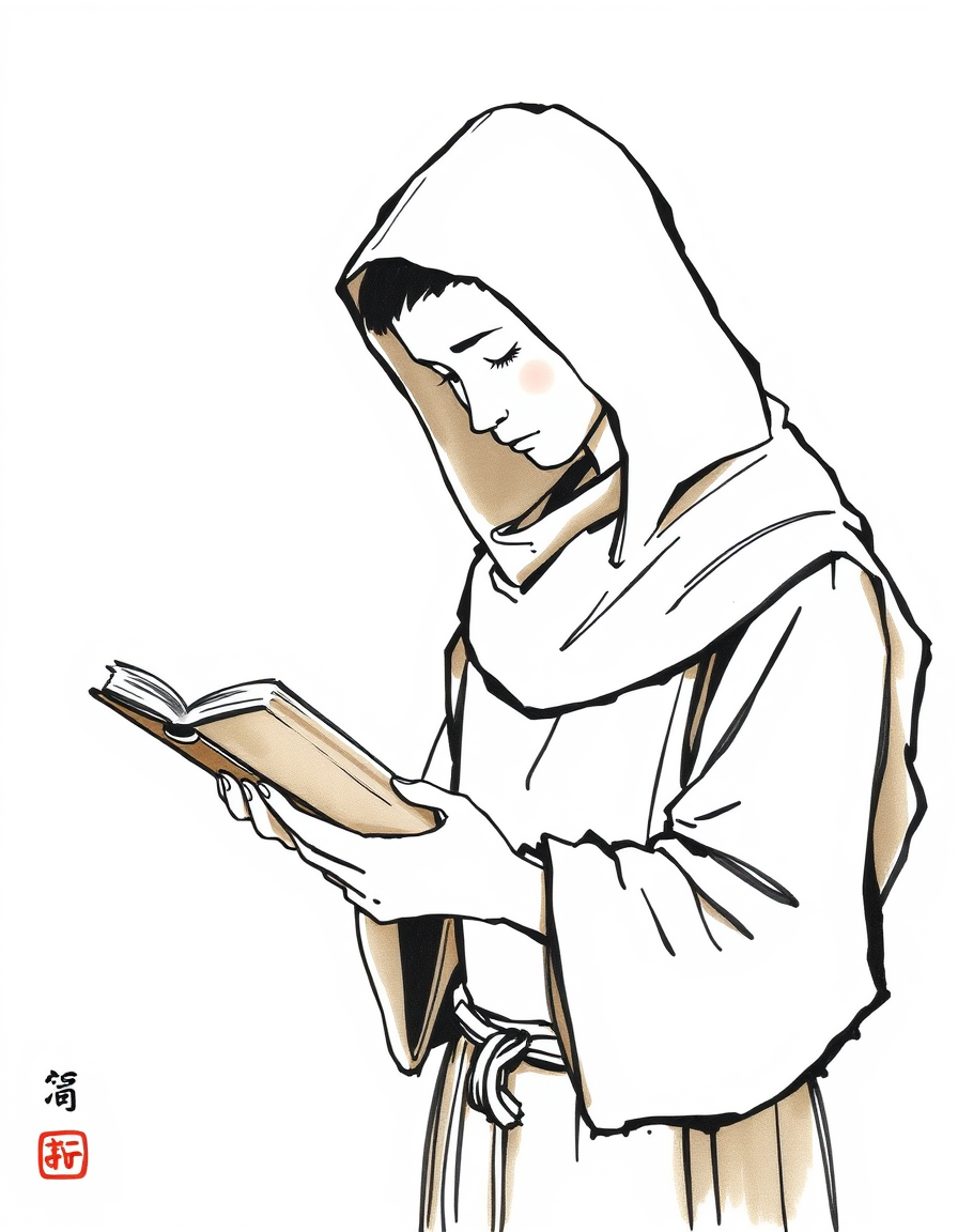 Ink Paintings idea: ink painting, sumi-e, Chinese brush painting, minimalist brushwork, "Young Capuchin friar in simple brown habit with hood, minimalist line art style,