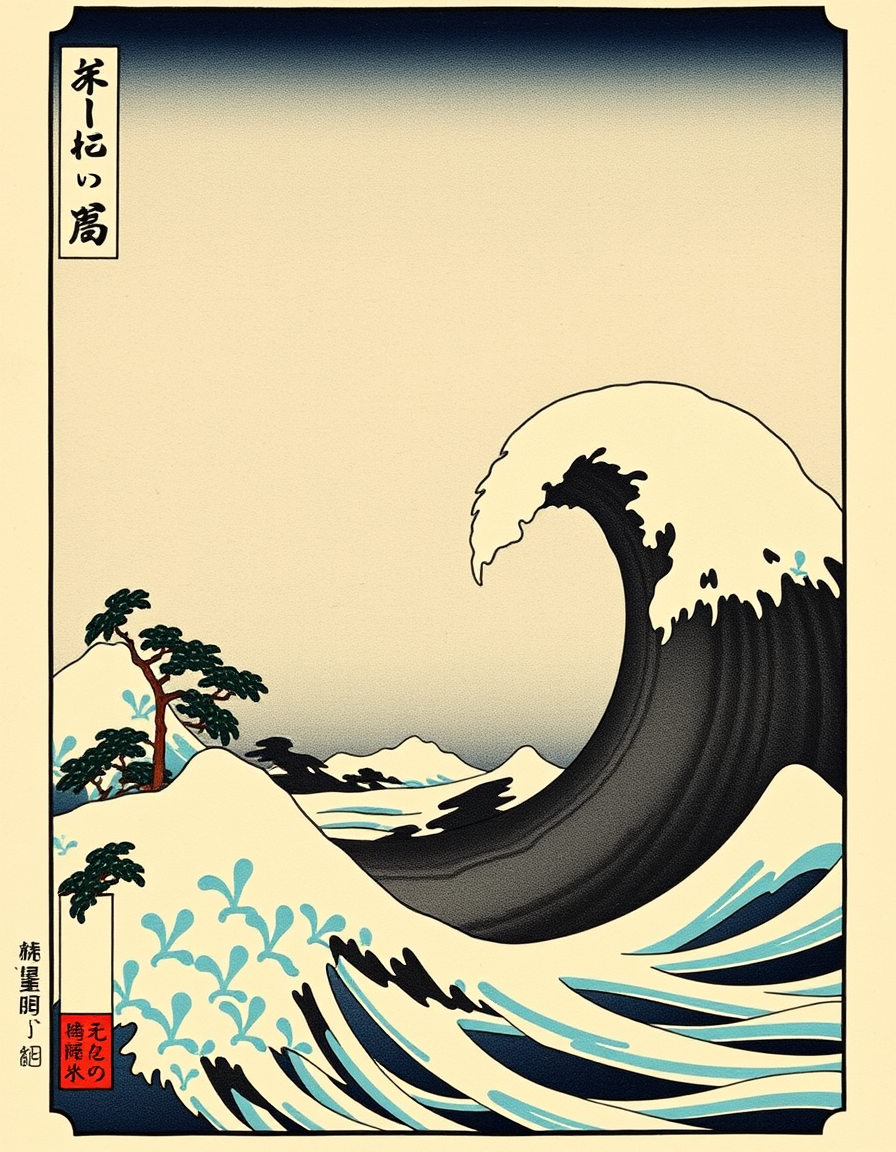 Ukiyo E idea: ukiyo-e woodblock print, flat color planes, bold black outline, traditional Japanese print, 着物を着た猫 , inspired by Hokusai and Hiroshige, edo-period woo