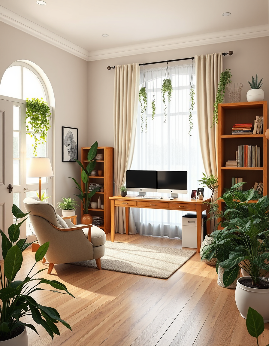 Room Design idea: AI room design, full room layout furniture and lighting, photorealistic interior render, Warm natural home office, 10x10 ft room, lots of plants. L-sh
