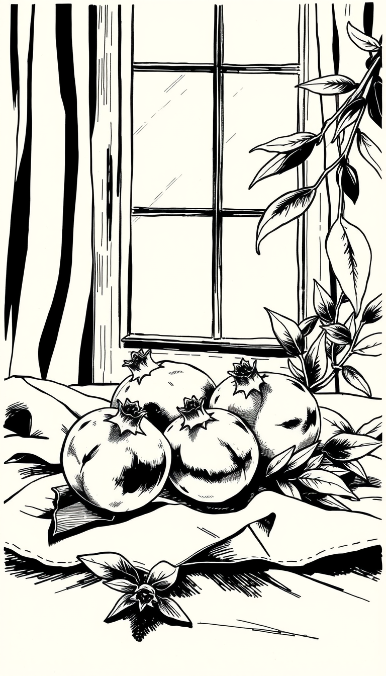 Comic Art idea: comic art, bold ink lines, halftone shading, dynamic composition, a still life of pomegranates on a linen cloth, soft window light , graphic novel ill