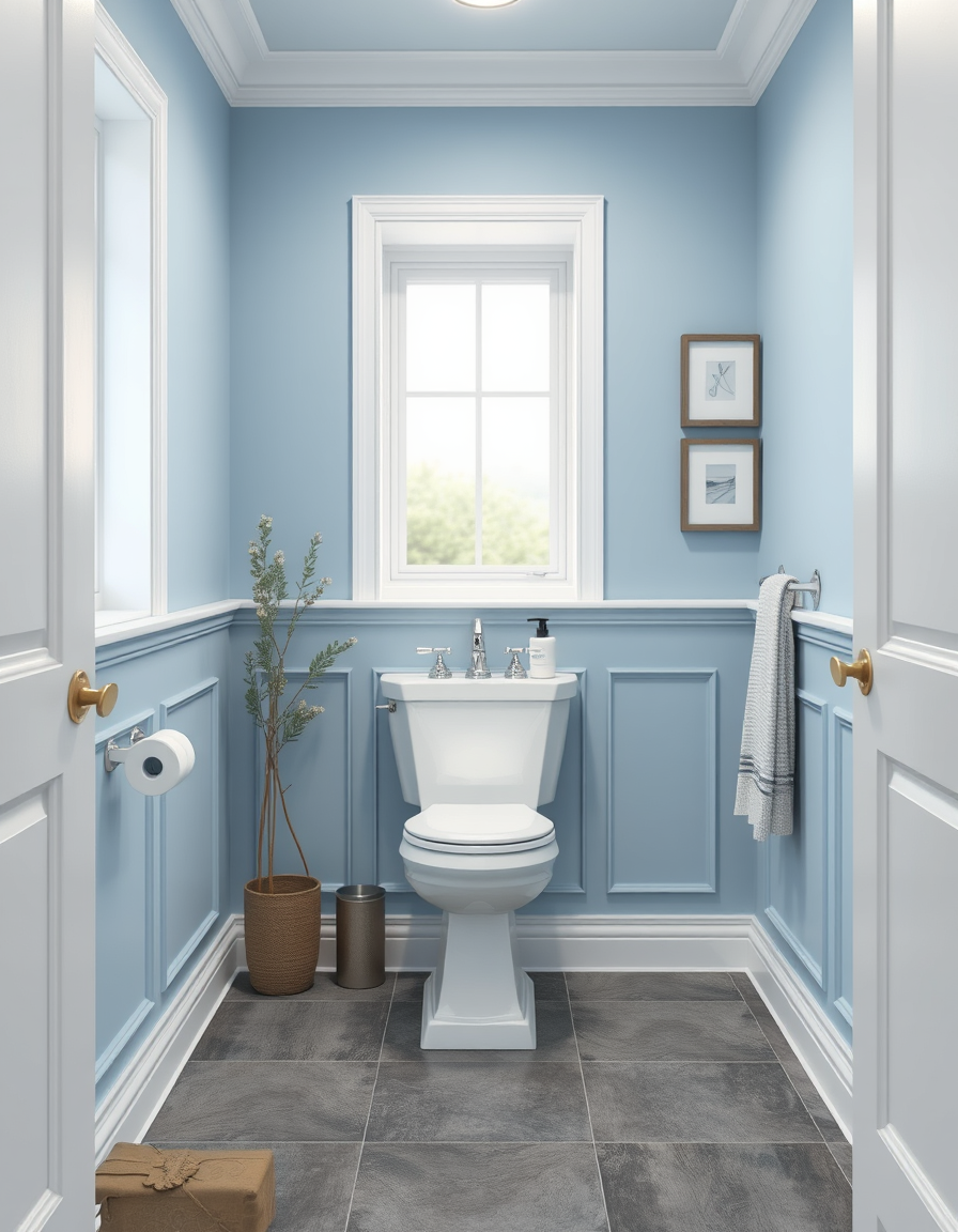 Paint Color idea: room repainted in a new wall color from the photo, accurate paint finish, photorealistic interior render, toilet 2 full panel with baby blue, 2 full p