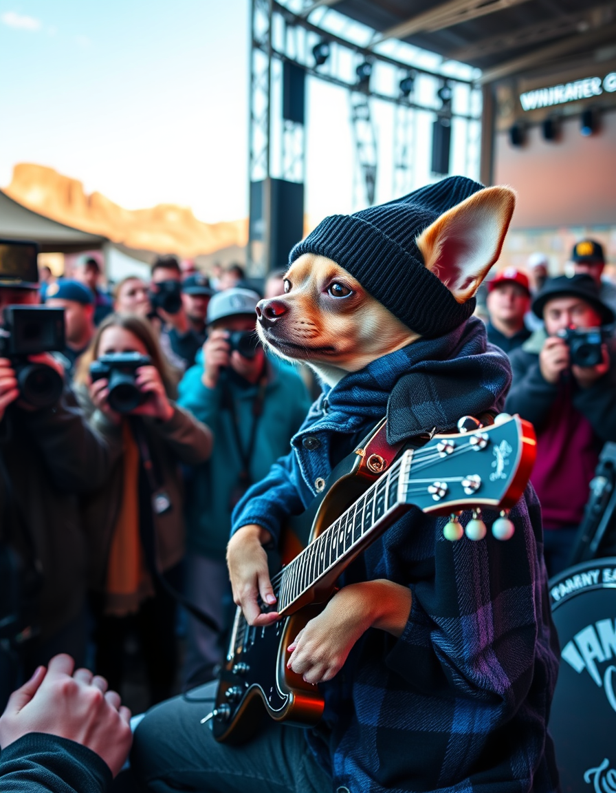 Main painting studio: a picture of a chihuahua playing at a rap show and there is a lot of cameras on him and he is wearing a blue flannel and he is wearing a black beanie