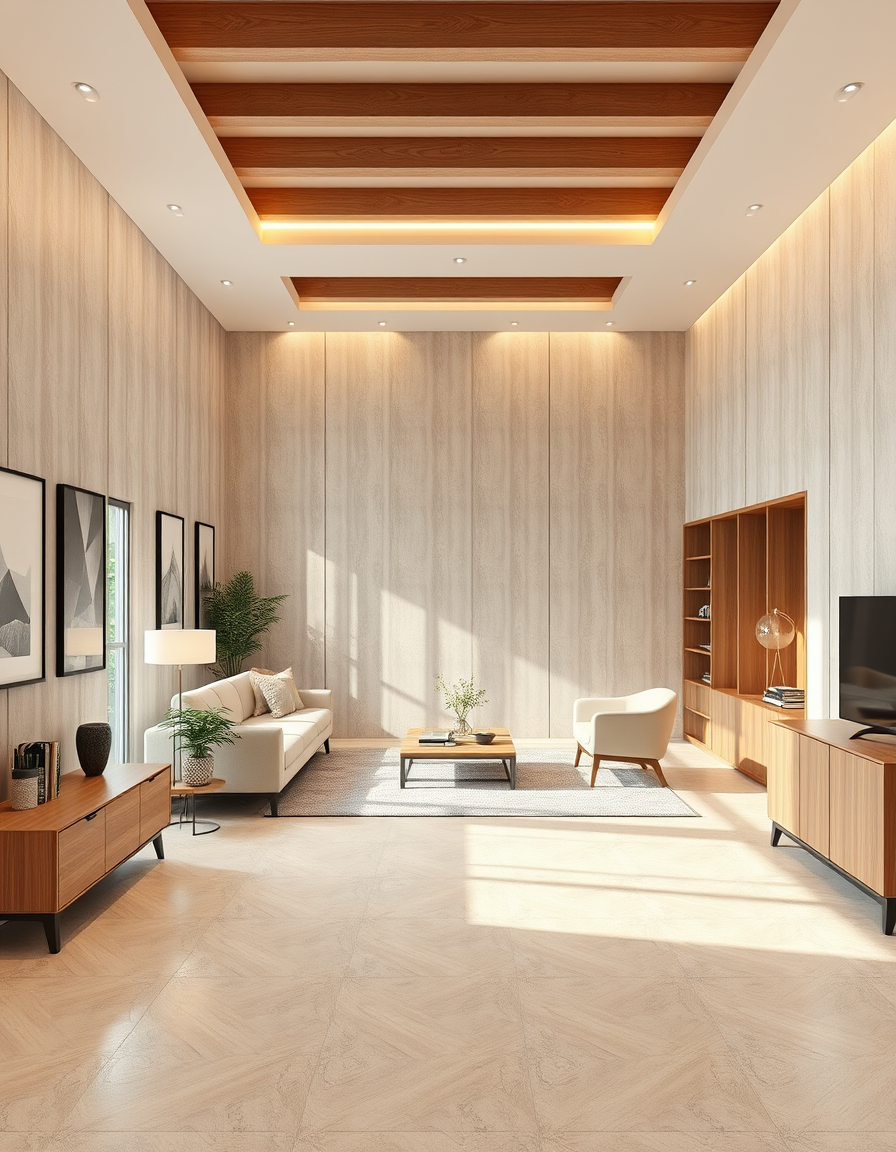 Room Design idea: AI room design, full room layout furniture and lighting, photorealistic interior render, Raum 7 m breit und 3,5 m tief und 2,8m hoch; an der linken ku