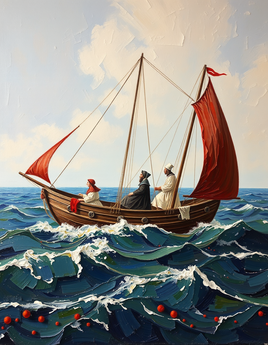 Oil Paintings idea: oil painting style, rich textures, brushstrokes, impasto technique, pilgrims sailing on the ocean to America, without a flag , classical oil painting,