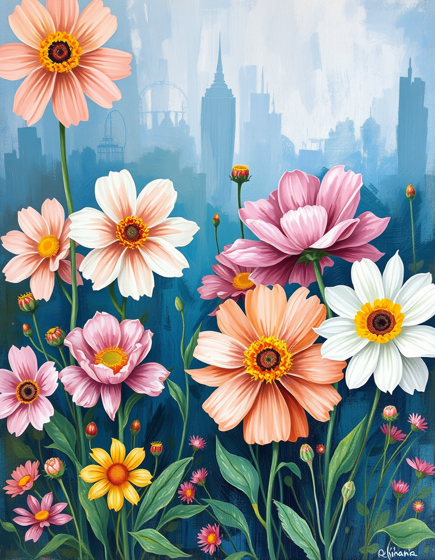 Main painting studio: Create an imperfect handmade painting of a beautiful flower garden. Visible uneven brush strokes, irregular flower shapes, slightly asymmetrical compo